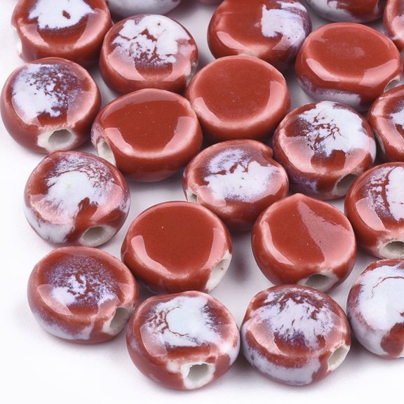 Handmade Porcelain Beads Fancy Glazed Porcelain Flat Round Red 10~11x10.5~12x6.5~7.5mm Hole: 1.5~2.5mm diy