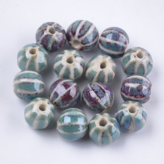 Handmade Porcelain Beads Fancy Glazed Porcelain Round Cadet Blue 11~12x10~11x10~10.5mm Hole: 2~2.5mm DIY