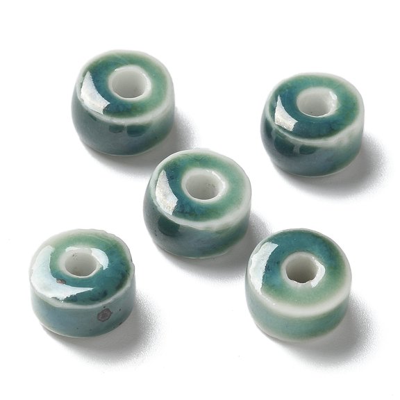 Handmade Porcelain Beads Flat Round Cadet Blue 9.5~10x6mm Hole: 3mm 50pcs