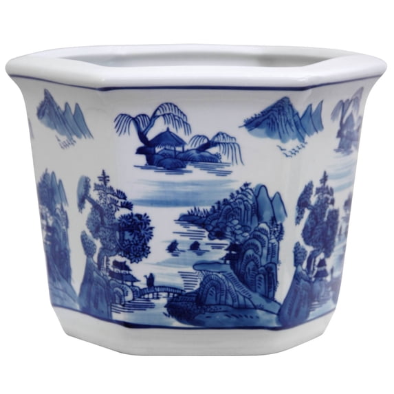 Oriental Furniture 9" x 10" x 7.5" Round Blue and White Porcelain Plant Pot