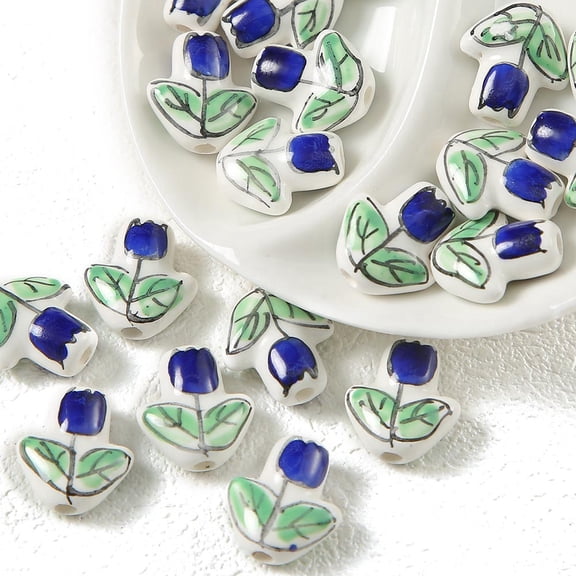 Handmade Porcelain Bright Glazed Beads Flower Blue 10mm