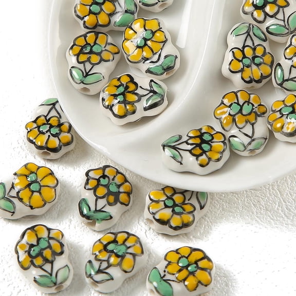 Handmade Porcelain Bright Glazed Beads Flower golden 10mm Porcelain