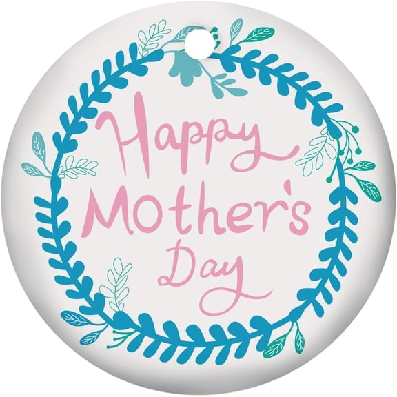 Handmade Porcelain Pendants Flat Round Word Happy Mother's Day Deep Sky Blue 75x2mm