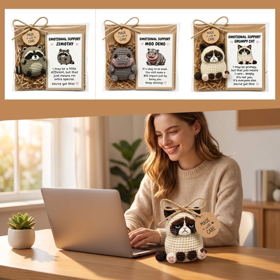 Handmade Positive Crochet Animals Emotional Support Plushies, Grumpy Cat Pocket Hug Amigurumi With Printed Card, Sympathy Encouragement Gift, Worry Doll Alternative For Women Coworkers