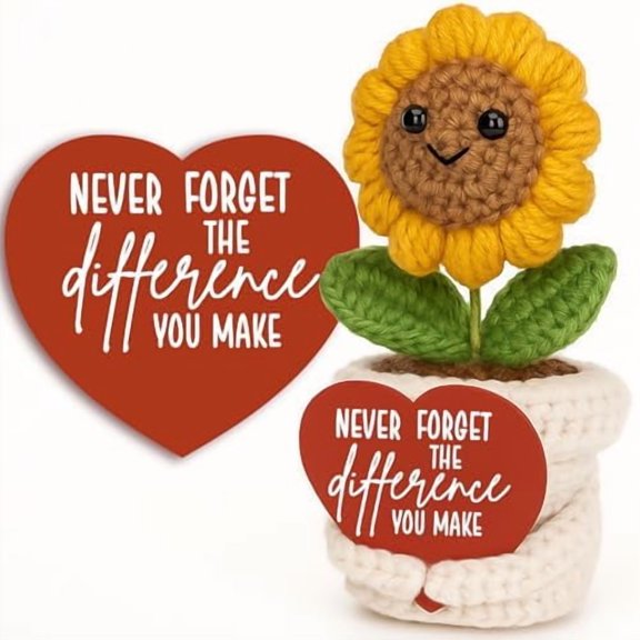 Handmade Positive Crochet Sunflower Plush with Heart Card – Appreciation Gift “Never Forget the Difference You Make” for Teacher, Mom, Mentor, Boss, Coworker, Friend – Birthday, Christmas, Graduation