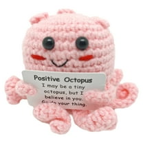 Handmade Positive Octopus Plush Toy, Cute Crochet Stuffed Animal, Inspirational Gift for Kids and Adults, Desk Decor, Stress Relief Toy, Motivational Quote, Soft Pink Knitted Octopus Doll