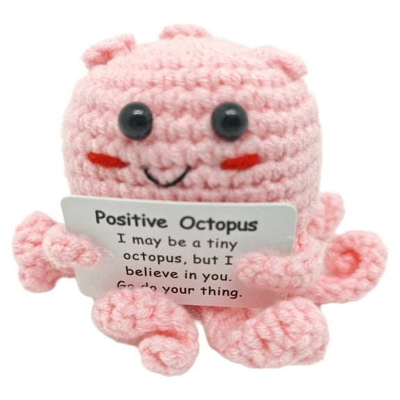Handmade Positive Octopus Plush Toy, Cute Crochet Stuffed Animal, Inspirational Gift for Kids and Adults, Desk Decor, Stress Relief Toy, Motivational Quote, Soft Pink Knitted Octopus Doll