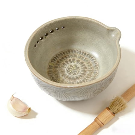 Handmade Pottery Garlic Grater Herb Stripper Bowl, 2-in-1 Ceramic Herb Stripper and Garlic Grater Bowl, Different Sizes of Round Holes, Kitchenware for Root Removal