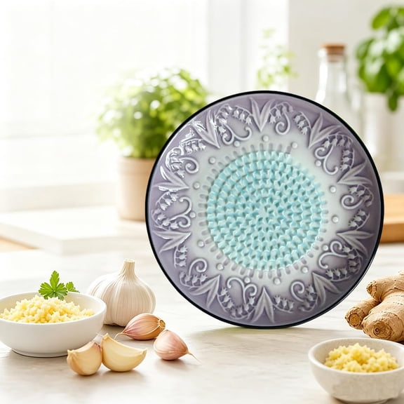 Handmade Premium Ceramic Garlic Grater Plate, Purple Embossed Style for Garlic, Ginger, Chocolate, Cheese, 5.12 Inch Decorative Mincer