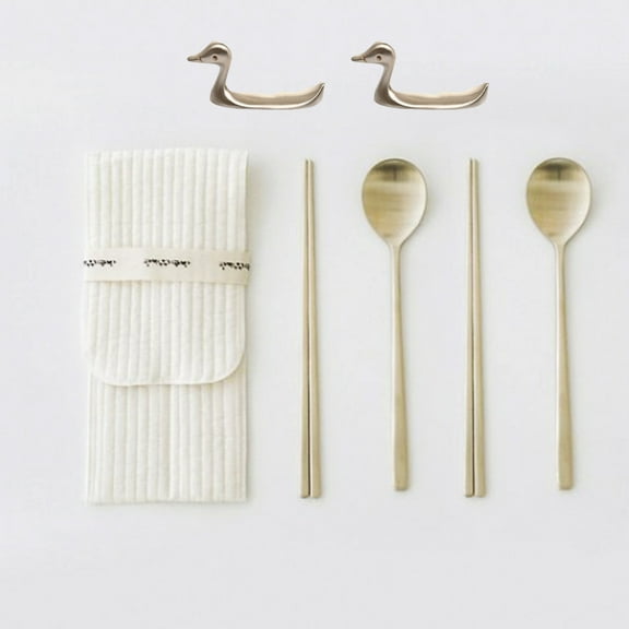 Handmade Premium Korean Brassware Yugi Spoon & Chopsticks & rest Set (2 Pairs) with Pouch