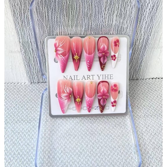 Handmade Press on Nails Long Stiletto False Nails French Tip Fake Nails with 3D Flower Designs Sparkly Green luxury Artificial Nails Reusable for Women 10pcs
