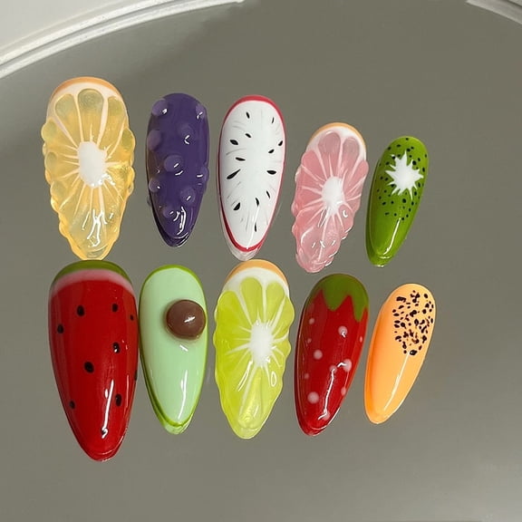 Handmade Press On Nails - Medium Almond False Nail Tips, 3D Fruit Design, 10pcs Reusable Glue On Acrylic Fake Nails, Long-Lasting, Easy Fit  Fashionable Nail Kit Natural Look  L