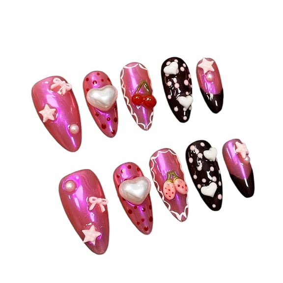 Handmade Press on Nails for Women - Medium Almond 3D Thick Acrylic Reusable Fake Nails with Designs Summer Floral Boho Funky Tropical Cute Nail-art Set 10pcs,chrome-pink,M