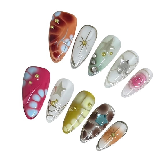 Handmade Press on Nails for Women - Medium Almond 3D Thick Acrylic Reusable Fake Nails with Designs Summer Floral Boho Funky Tropical Cute Nail-art Set 10pcs,multicolor,S