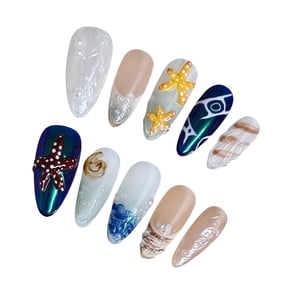 Handmade Press on Nails for Women - Medium Almond 3D Thick Acrylic Reusable Fake Nails with Designs Summer Floral Boho Funky Tropical Cute Nail-art Set 10pcs,multi-ocean,L