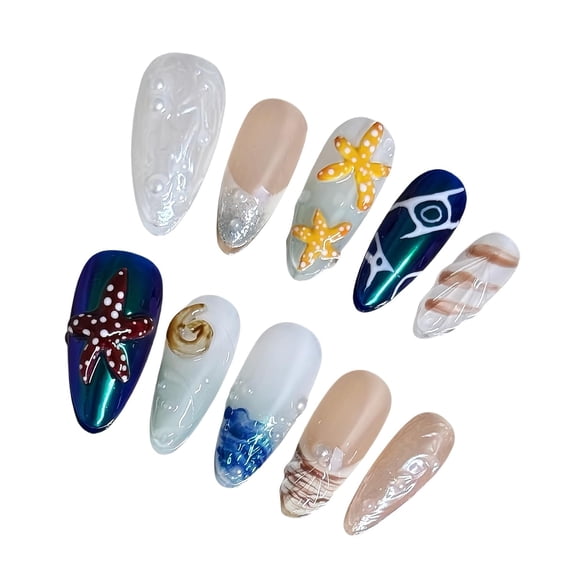 Handmade Press on Nails for Women - Medium Almond 3D Thick Acrylic Reusable Fake Nails with Designs Summer Floral Boho Funky Tropical Cute Nail-art Set 10pcs,multi-ocean,M