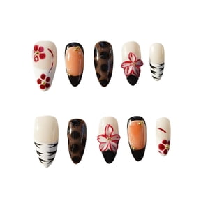 Handmade Press on Nails for Women - Medium Almond 3D Thick Acrylic Reusable Fake Nails with Designs Summer Floral Boho Funky Tropical Cute Nail-art Set 10pcs,multi-floral,XS