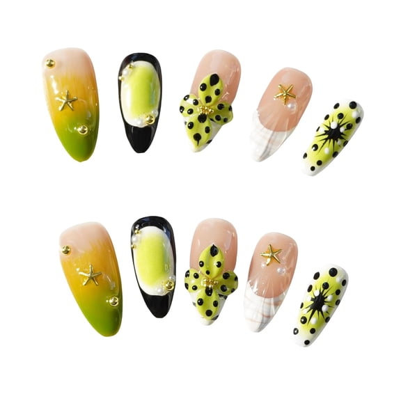 Handmade Press on Nails for Women - Medium Almond 3D Thick Acrylic Reusable Fake Nails with Designs Summer Floral Boho Funky Tropical Cute Nail-art Set 10pcs,neon-green,M