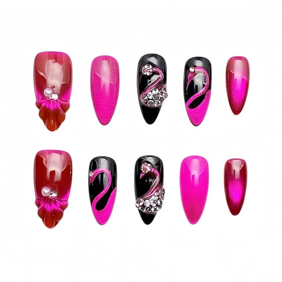 Handmade Press on Nails for Women - Medium Almond 3D Thick Acrylic Reusable Fake Nails with Designs Summer Floral Boho Funky Tropical Cute Nail-art Set 10pcs,pink-flamingo,M