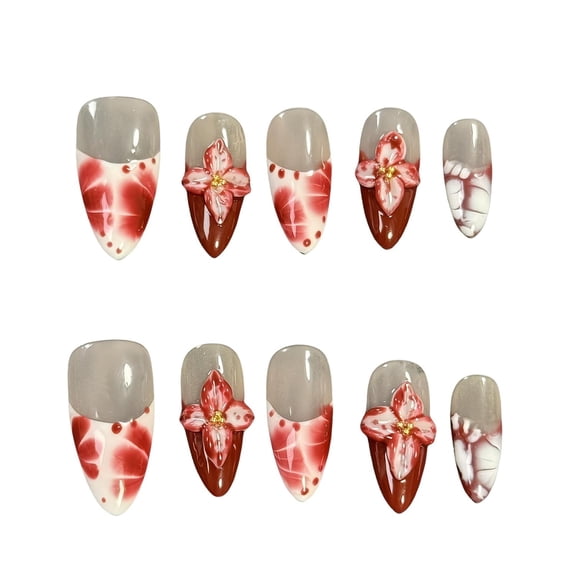 Handmade Press on Nails for Women - Medium Almond 3D Thick Acrylic Reusable Fake Nails with Designs Summer Floral Boho Funky Tropical Cute Nail-art Set 10pcs,red,S