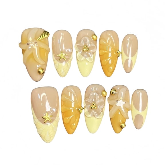 Handmade Press on Nails for Women - Medium Almond 3D Thick Acrylic Reusable Fake Nails with Designs Summer Floral Boho Funky Tropical Cute Nail-art Set 10pcs,yellow-starfish,L
