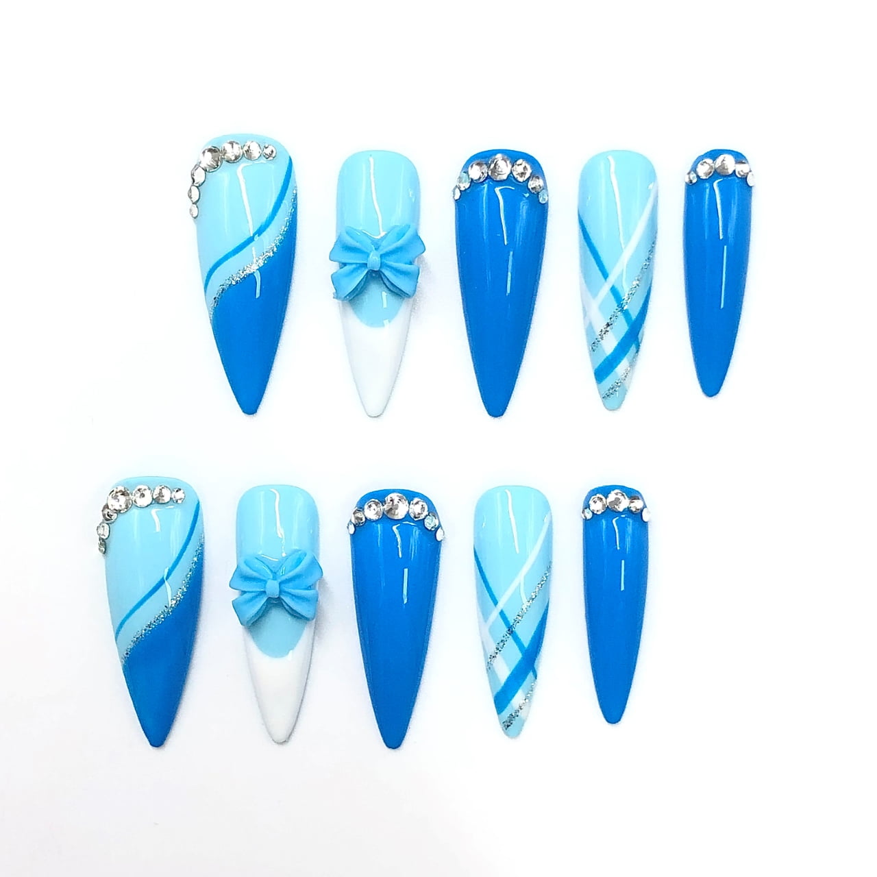 Handmade Press On Nails Blue Gradient with Bow and Rhinestones Long Set