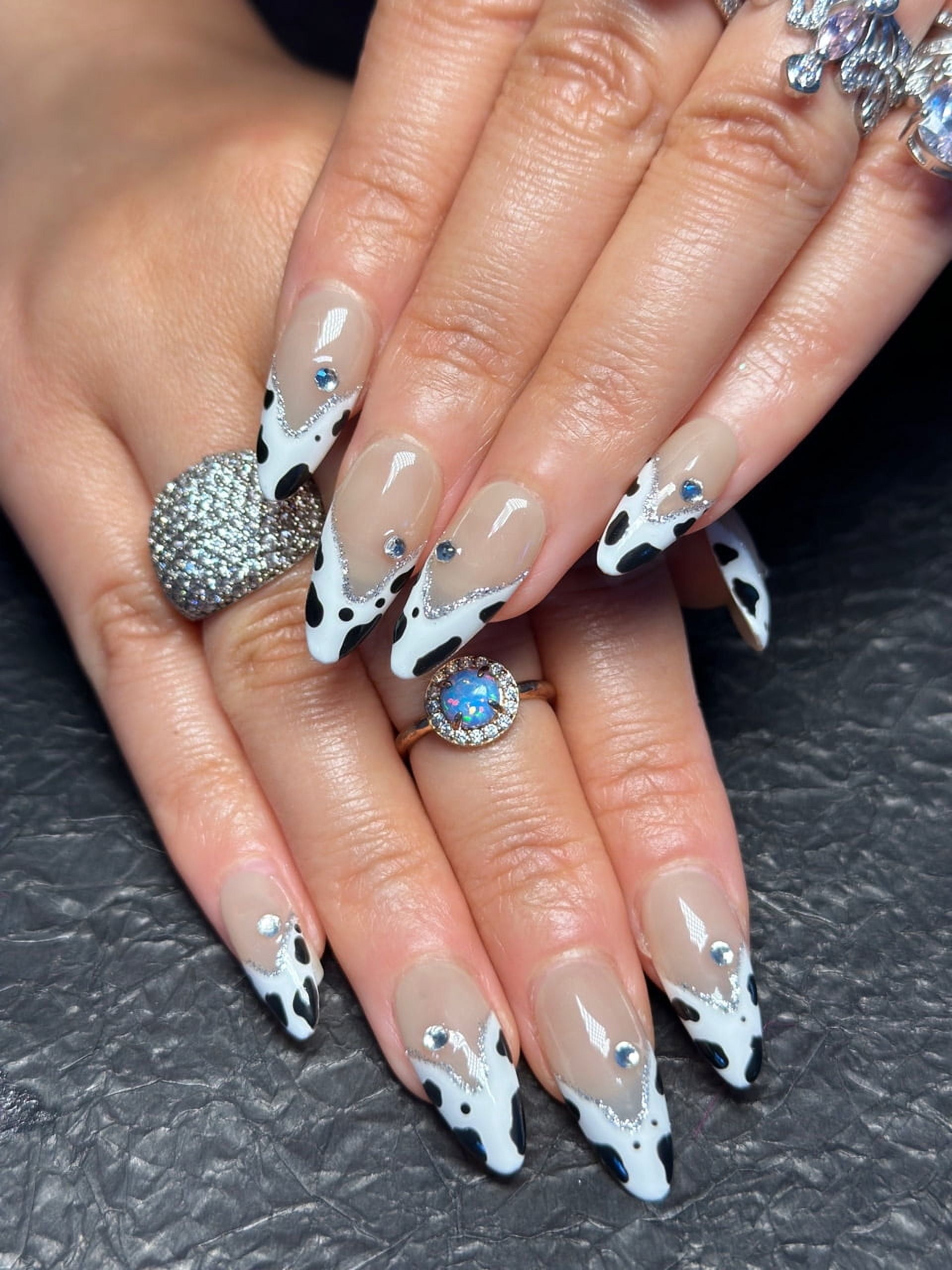Handmade Press-On Nails - Cow Print with Rhinestones, Long Stiletto Fake Nails, 10pcs Reusable Set for Women