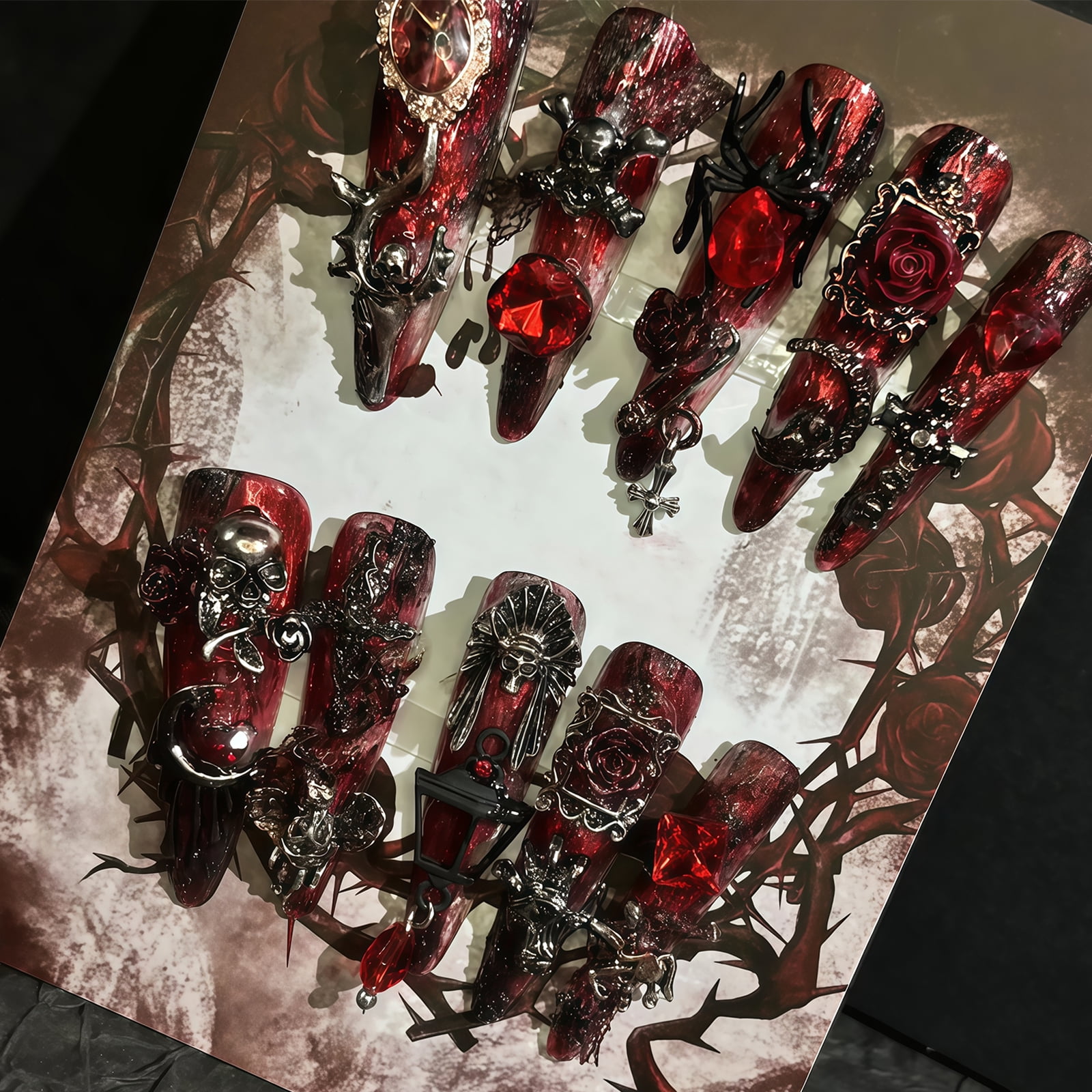 Handmade Press On Nails Long Dark Gothic Fake Nails Skull Retro Rose Luxury Baroque Punk for Women Party Holiday Photo Role Play Halloween 10Pcs