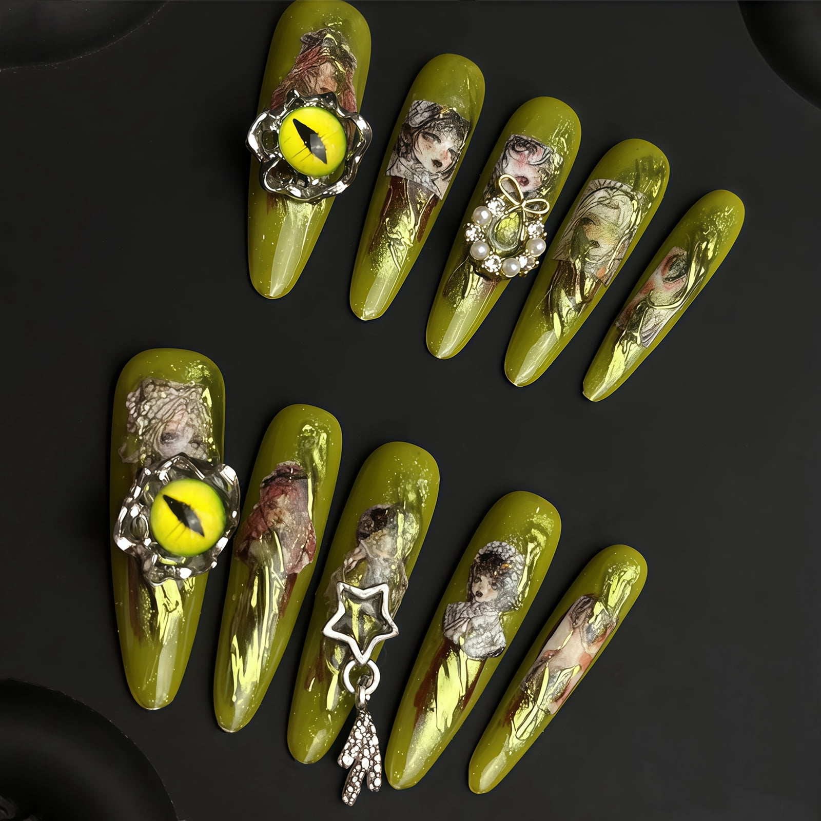 Handmade Press On Nails Long Dark Gothic Fake Nails Skull Retro Rose Luxury Baroque Punk for Women Party Holiday Photo Role Play Halloween 10Pcs