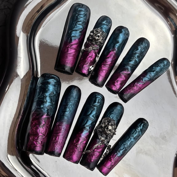 Handmade Press On Nails Long Dark Gothic Fake Nails Skull Retro Rose Luxury Baroque Punk for Women Party Holiday Photo Role Play Halloween 10Pcs