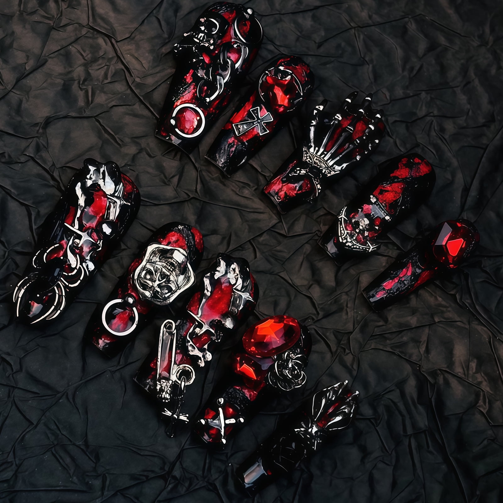 Handmade Press On Nails Long Dark Gothic Fake Nails Skull Retro Rose Luxury Baroque Punk for Women Party Holiday Photo Role Play Halloween 10Pcs