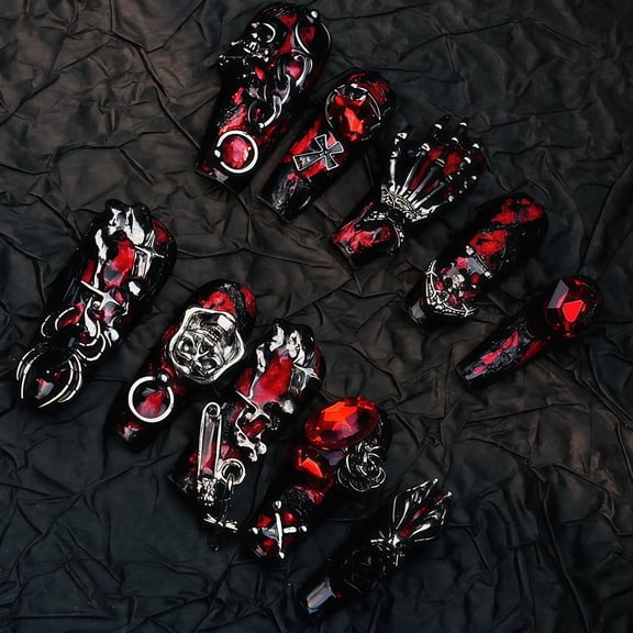 Handmade Press On Nails Long Dark Gothic Fake Nails Skull Retro Rose Luxury Baroque Punk for Women Party Holiday Photo Role Play Halloween 10Pcs