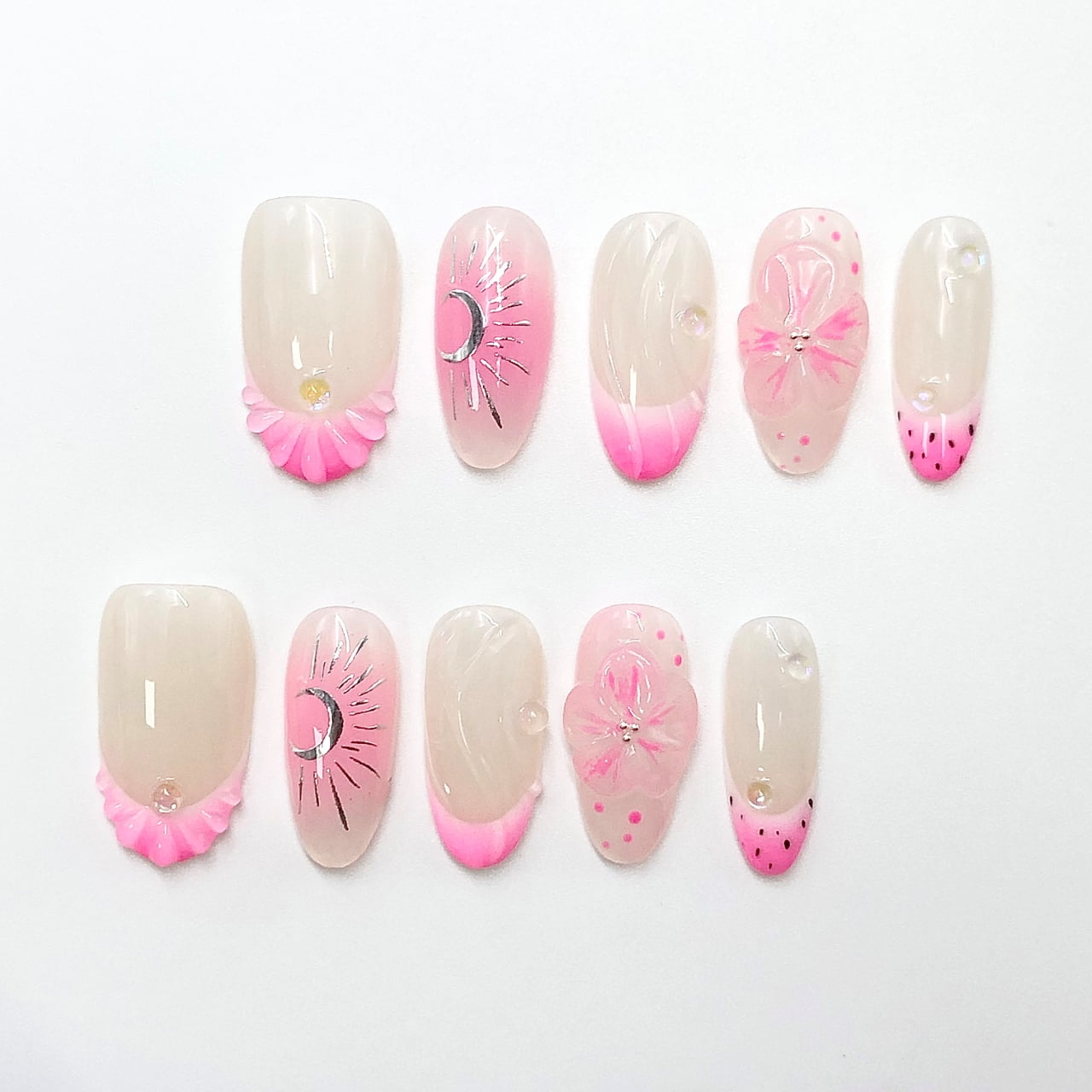 Handmade Press On Nails Pink Shell and Flower Design Long Glossy Set