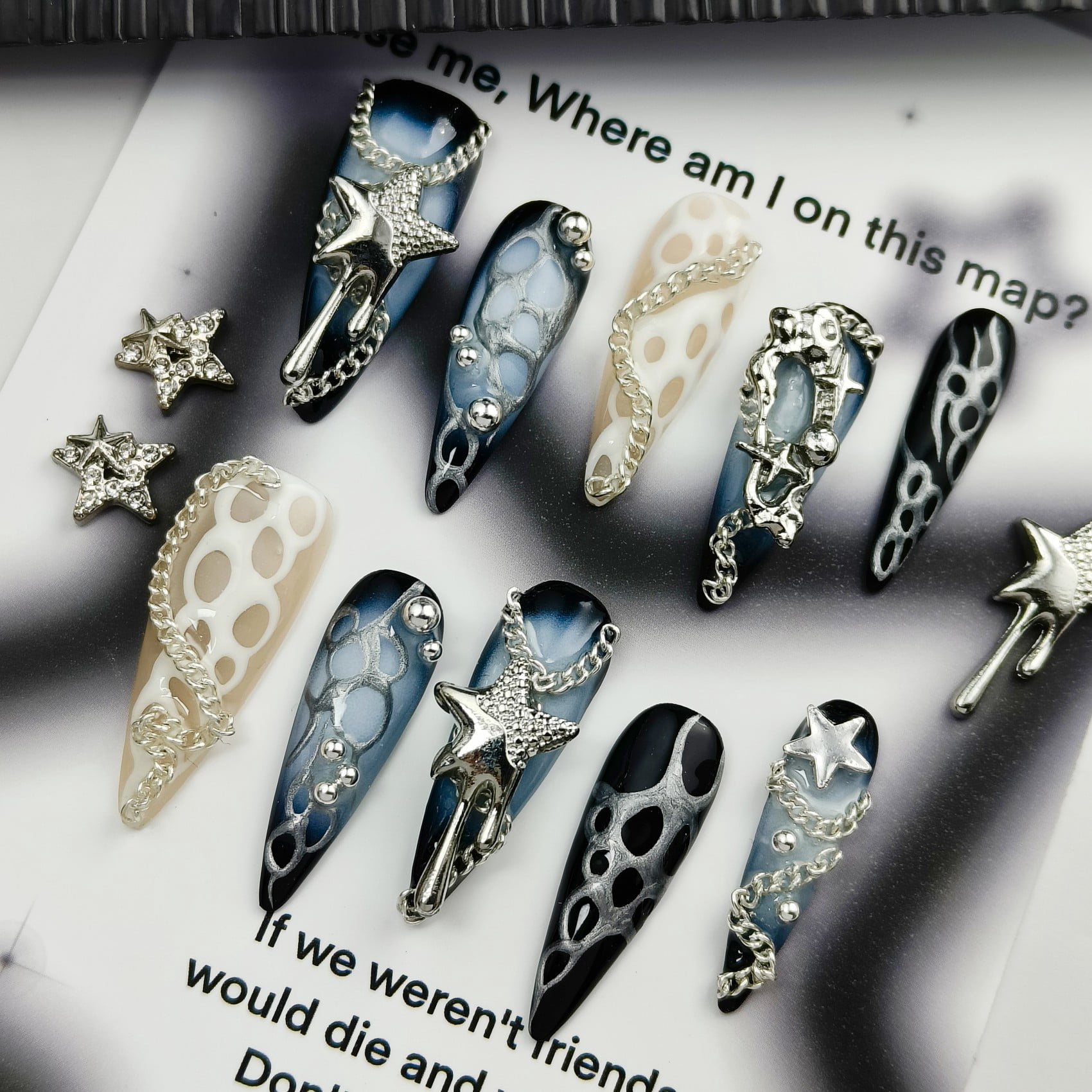 Handmade Press-On Nails with Silver Star and Chain 3D Accents