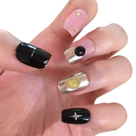 Short Handmade Press-on Nails - Rococo Style with Mirror Finish, Graffiti Black Oval & "Sun's Heart" Design