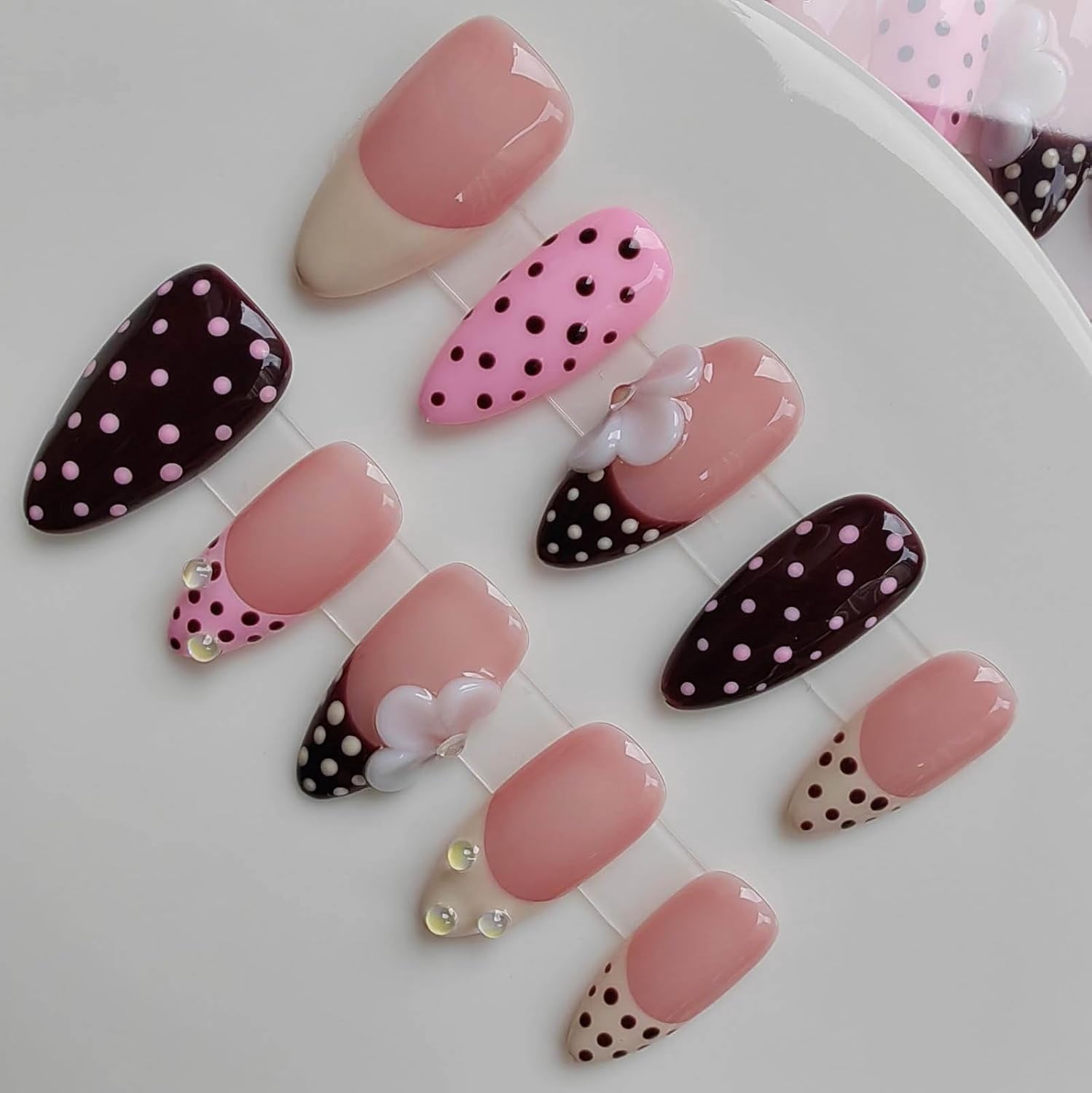 Almond  Press  Nails Medium Length Professional  Art Nude  Nails with Flower and Polka Dots Design  Tip Cute Glue Ons for Women and Girls Spring  21