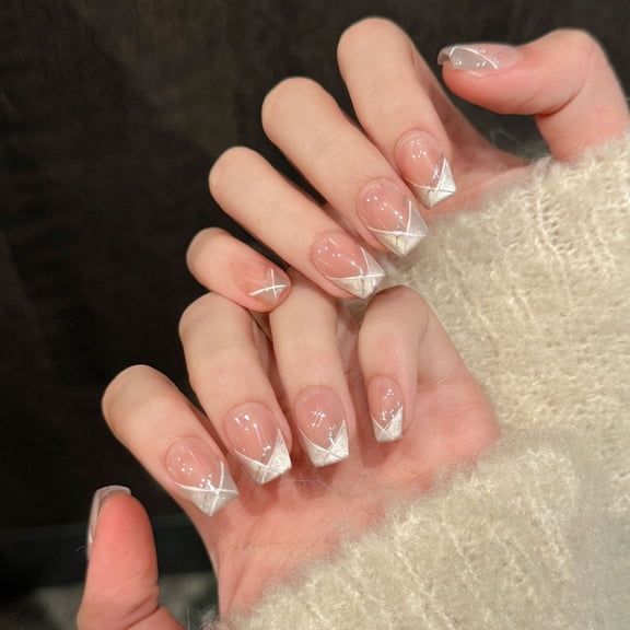 Handmade Press on Nails Short French White Cat Eye False Nails Daily Wearable Sweet Korean Shiny Powder Design Fake Nail Tips