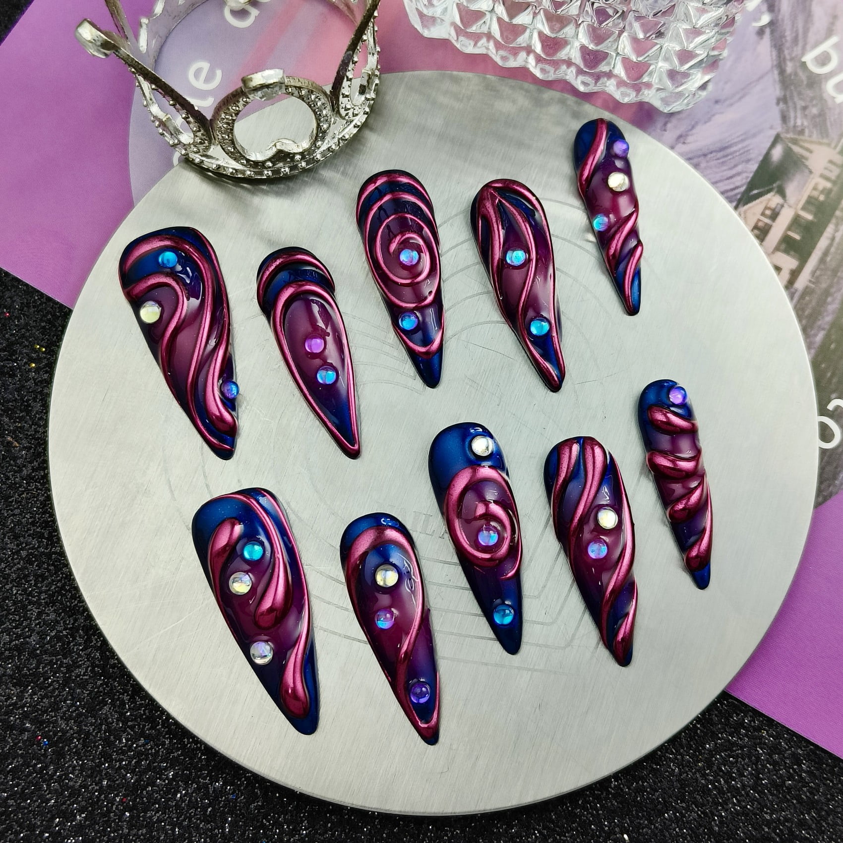 Handmade Press-on Nails with 3D Swirl Design and Rhinestone Accents