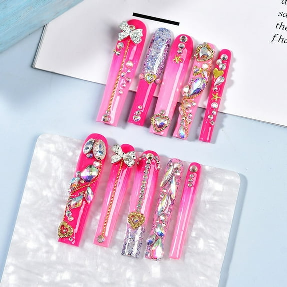 Handmade Press on Nails with Bowknot Rhinestones Reusable Fake Nails Square Nail L