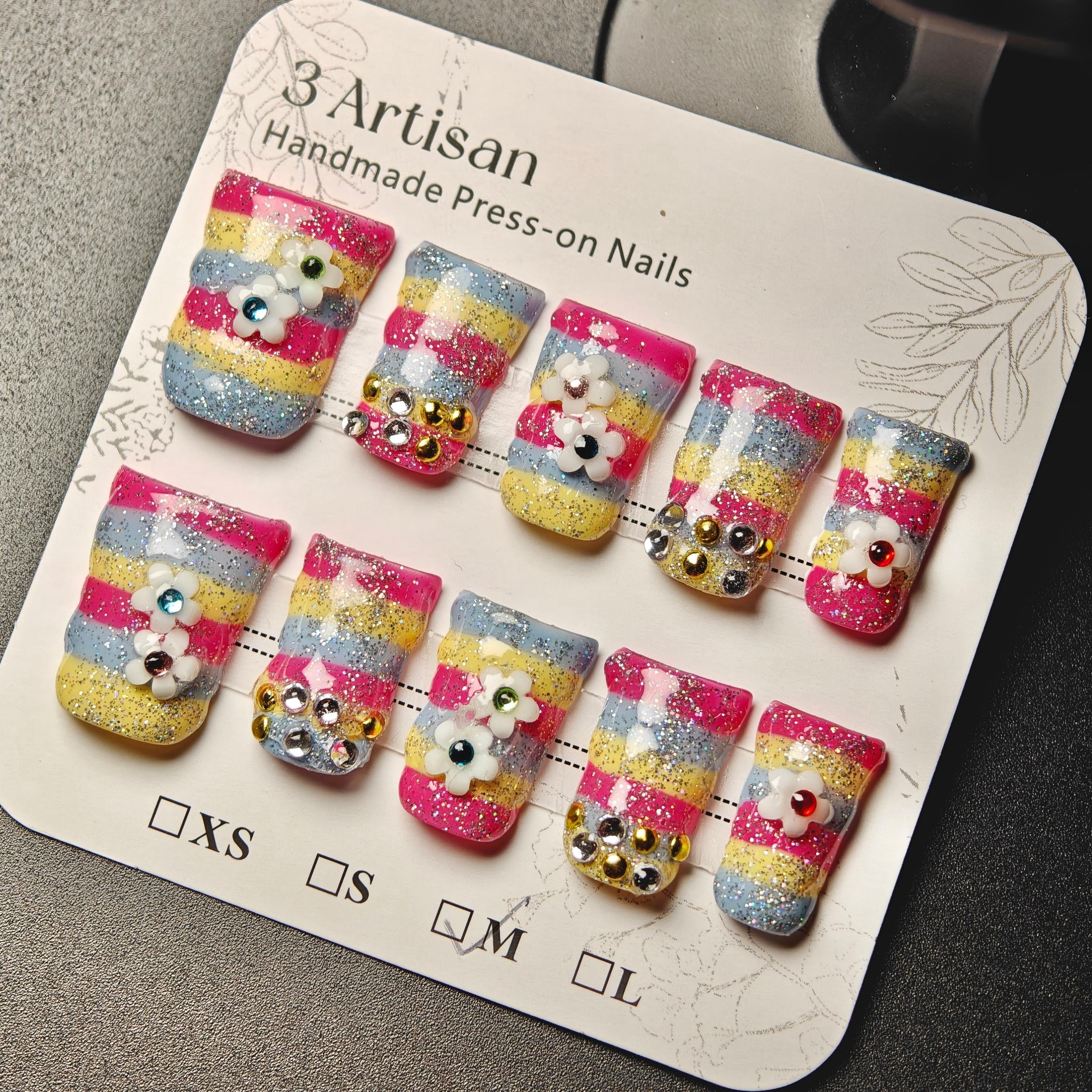 Handmade Press-on Nails with Glitter Stripes and Floral Rhinestones