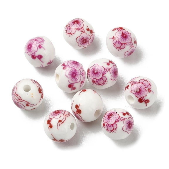 Handmade Printed Porcelain Round Beads with Flower Pattern Flamingo 10mm Hole: 2mm
