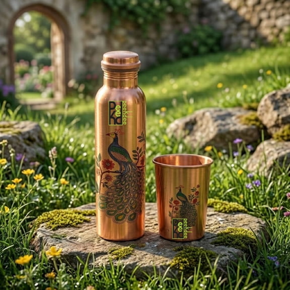 Handmade Pure Copper Peacock Design With One Tumbler Copper Water Bottle 950Ml