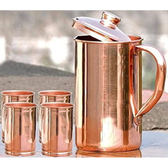Handmade Pure Copper Plane Jug 2 Liter with Copper Glass 300 ML Indian Yoga Ayurveda for Good Health Benefits (1 jug & 2 glass, Brown)