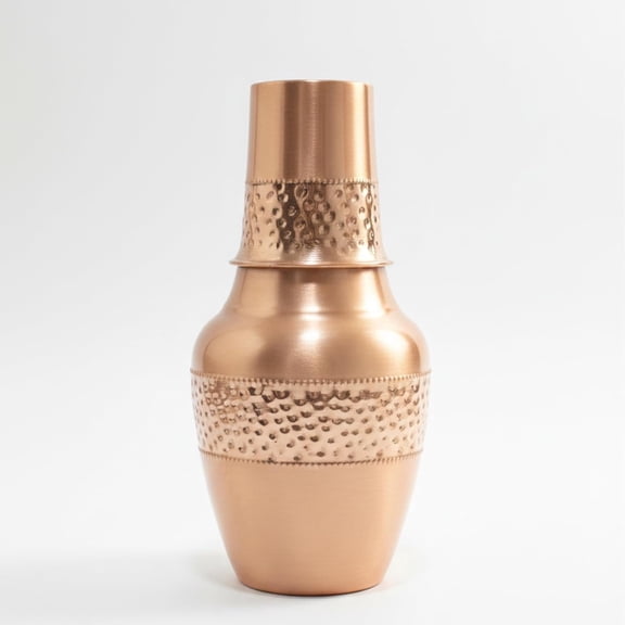 Handmade Pure Copper Water Pitcher Carafe with Tumbler Glass Lid, 50 oz Long Neck Hammered Copper Carafe Set for Ayurvedic Health Benefits