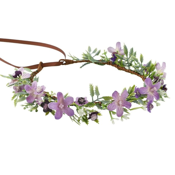 Handmade Purple Flower Crown Floral Headband for Bridal Weeding Elf Wreath Women Girls Headdress Fairy Green Leaf Headpiece Cosplay Photo Prop