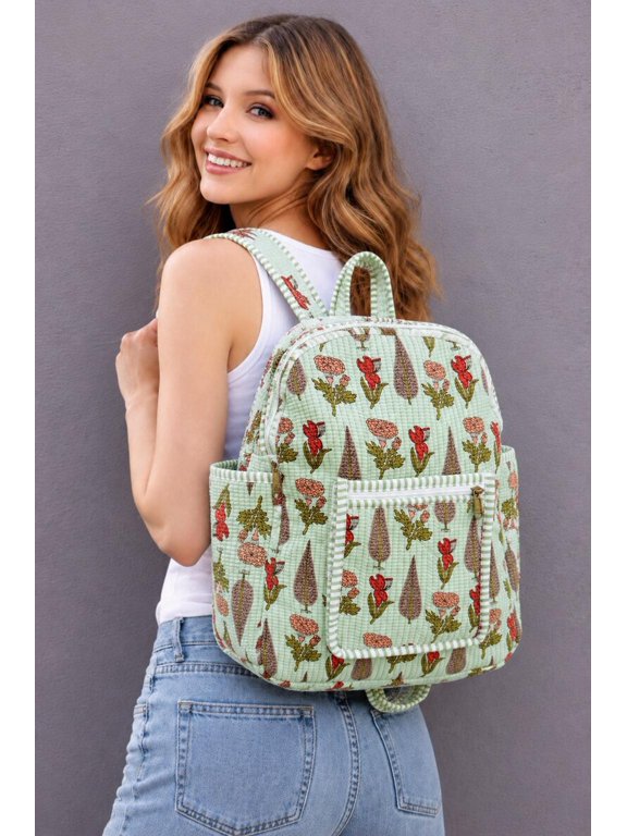Handmade Quilted Cotton Backpack, Floral Block Print, Boho Travel Bag