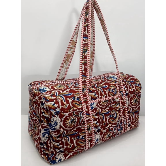 Handmade Quilted Duffle Bag | Floral Block Print Cotton Weekender