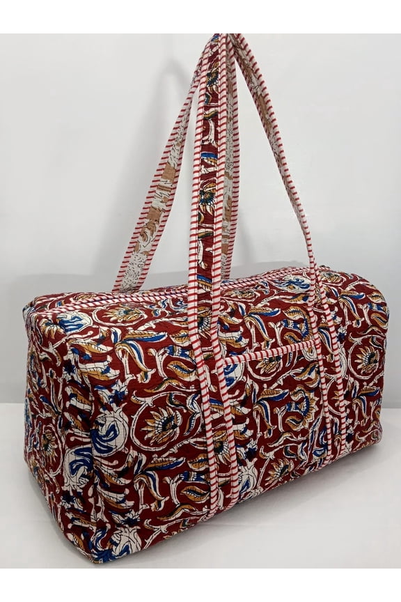 Handmade Quilted Duffle Bag | Floral Block Print Cotton Weekender
