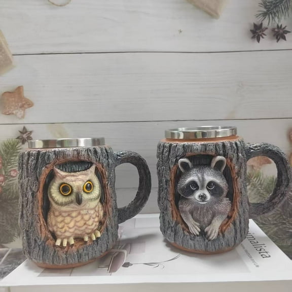 Handmade Raccoon Owl Tree Hole Mug, Ceramic Coffee Cup, Forest Animal Themed Drinkware, Gift for Nature Lovers