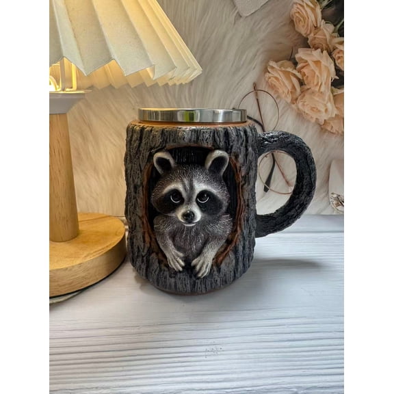 Handmade Raccoon Owl Tree Hollow Resin Mug - Forest Animals Themed Coffee Cup with Handle, Unique Wildlife Design Drinking Mug for Nature Lovers